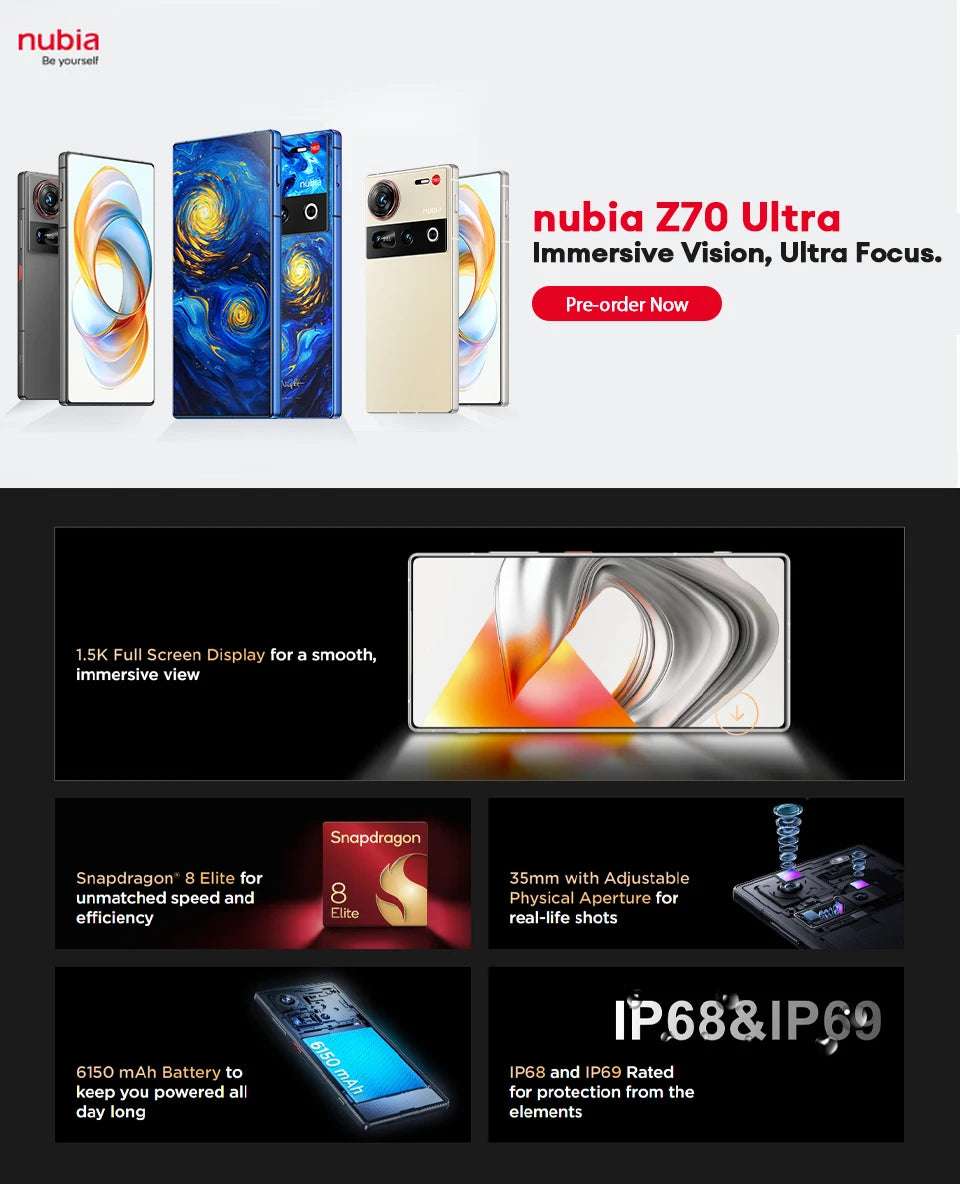 New Original Global Version Nubia Z70 Ultra NX733J Snapdragon8 Elite 1.5K HD Display 35mm Lens 50MP*2+64MP 6150mAh 80W IP69 NFC