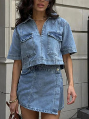 Women’s 2 Piece Denim Outfits Set Short Sleeve Lapel Neck Cropped Jean Pullover Tops + Button High Waist Asymmetrical Shorts