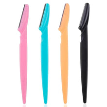 Set of pink, blue, peach, and black eyebrow trimmer razors with comb-style blade edges