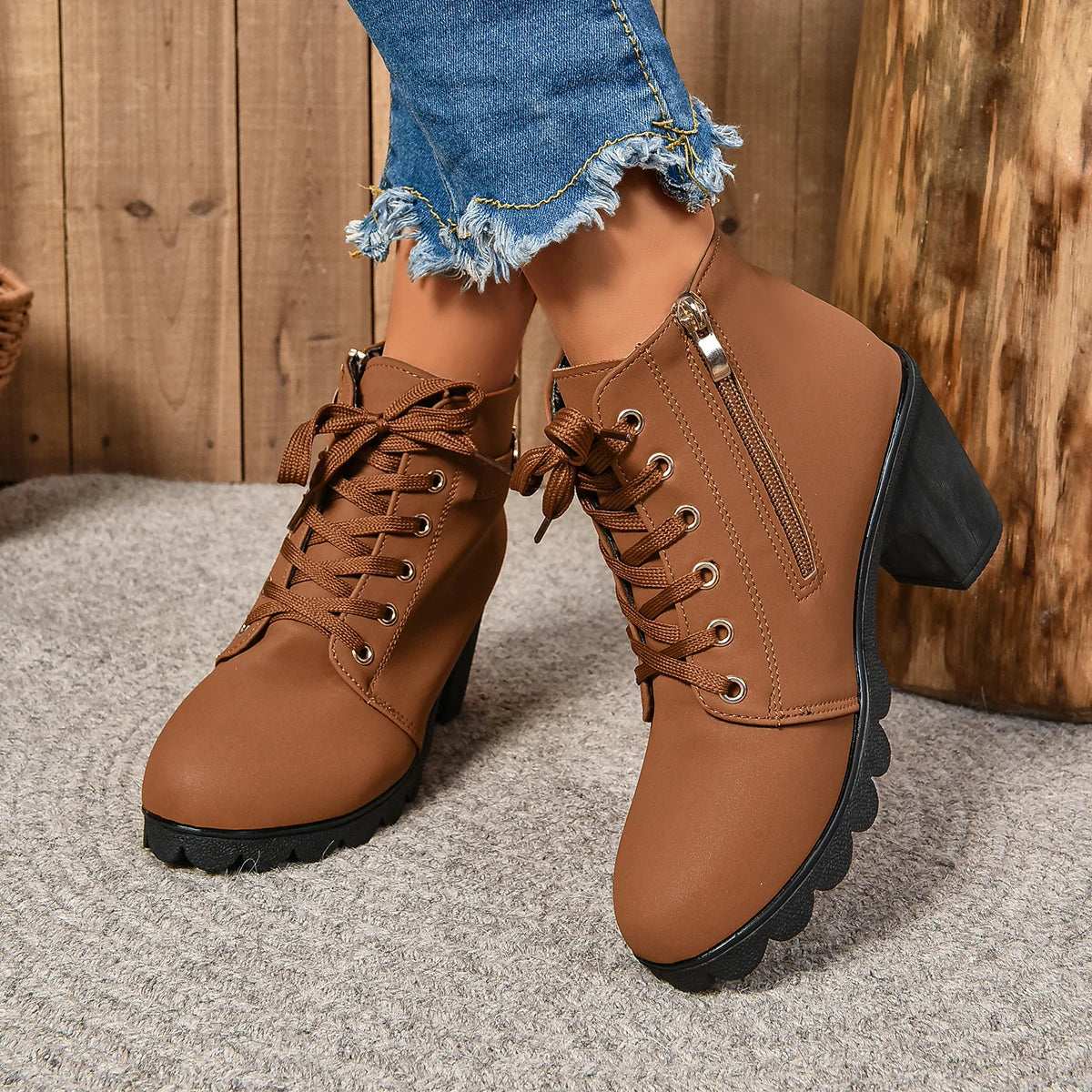 2024Women High Heel Ankle Boots Autumn Winter Booties Woman Fashion New Lady Shoes Brown Black Short Boot Female Botas De Mujer