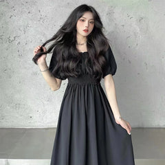 فستان نسائي صيفي من Faion بياقة مربعة من Sweet Retro Dr Tea Break First Love Long Bla Dr Waist Cinched