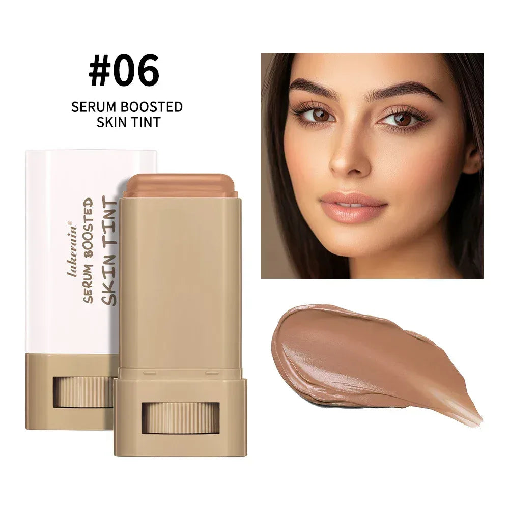 Serum Boosted Skin Tint stick, shade #06, with close-up swatch and face application.