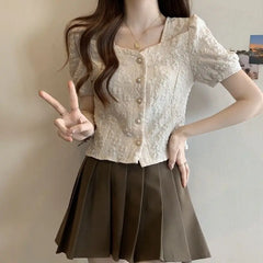 Spring Summer ort Sve Sweet Sle Pure Color Women's irt Slim Fit Chiffon Cardigan irt Fre Sle Small ence