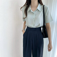 Ele Chiffon irt ort Sve Summer New Loose Collar  Ne White Top Women's Faion Commute Sle Straight Cut