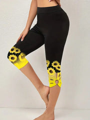 Plus Size 1XL-8XL Women’s Sunflower Print Leggings Fashionable Cut Out Comfortable Finess Capri Curvy Ladies Perfect Casual Wear