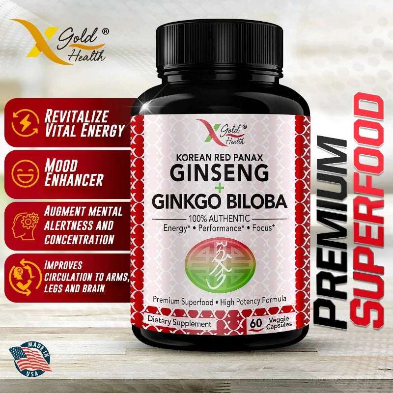 Korean Red Ginseng + Ginkgo Super Energy, Vegetarian Capsules for Energy, Performance and Focus for Men and Women