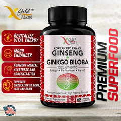 Korean Red Ginseng + Ginkgo Super Energy, Vegetarian Capsules for Energy, Performance and Focus for Men and Women