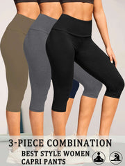 3 Pack Women's High Waisted Capri Super Soft Tummy Control No See Through Workout Yoga Running Athletic Push Up Gym Leggings