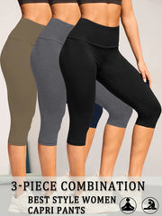3 Pack Women's High Waisted Capri Super Soft Tummy Control No See Through Workout Yoga Running Athletic Push Up Gym Leggings