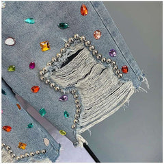 High Waist Loose Fit  Diamond Embellied Denim Five-Point Pants Summer New Sle Women's Trendy Hole Punch Jeans