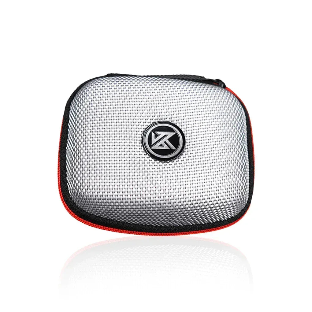 Square earphone storage case, silver textured fabric with red piping and round emblem