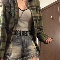 2024 New Blue Plaid irt Jaet Women's Loose Casual Meat Covering Middle Length irt Outerwear Trendy Forest System