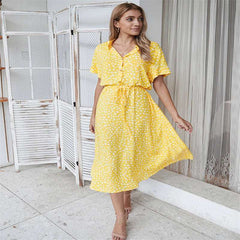 Polka Dot Short Sleeved Dress shirt Collar  Dress European and American Fashion Dress