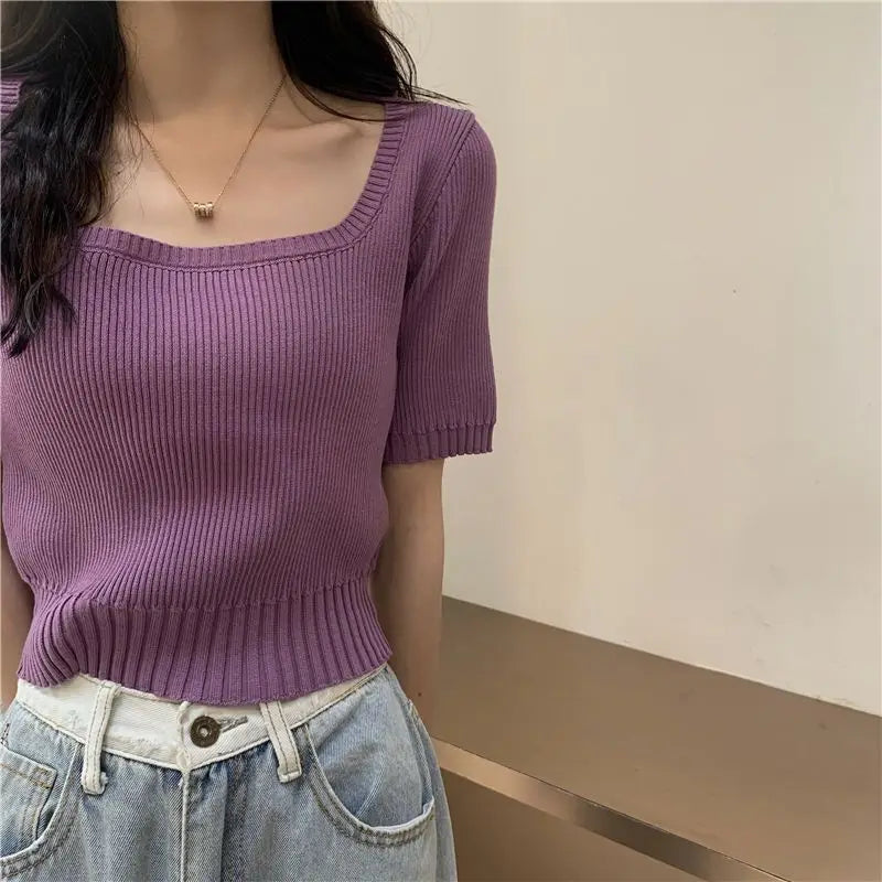 Slim Fit ort Sve Ice Silk Knitted irt Women's Faion Spring Summer Thin Sle Square Collar Princ Sve Top