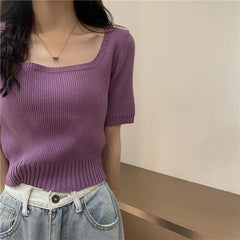 Slim Fit ort Sve Ice Silk Knitted irt Women's Faion Spring Summer Thin Sle Square Collar Princ Sve Top