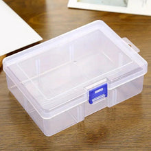 Clear plastic tool storage box with blue latch, closed and transparent