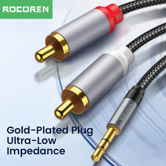 كابل صوت Aux من Rocoren مقاس 3.5 مم إلى 2RCA، محول مقسم من مقبس 3.5 مم إلى 2 RCA ذكر لصندوق التلفزيون ومكبر الصوت والفيديو وكابل سلك مكبر الصوت