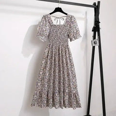 Floral A-line dress with smocked bodice, short puff sleeves, and elastic waist