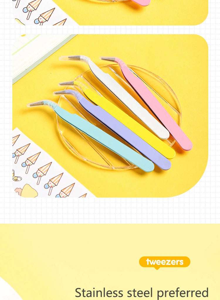 Stainless Steel Straight Curved Tweezers Colorful Pink Blue Purple DIY Eyelash Tweezer Nail Art Sticker Rhinestones Picking Tool