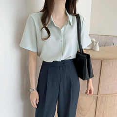 Ele Chiffon irt ort Sve Summer New Loose Collar  Ne White Top Women's Faion Commute Sle Straight Cut