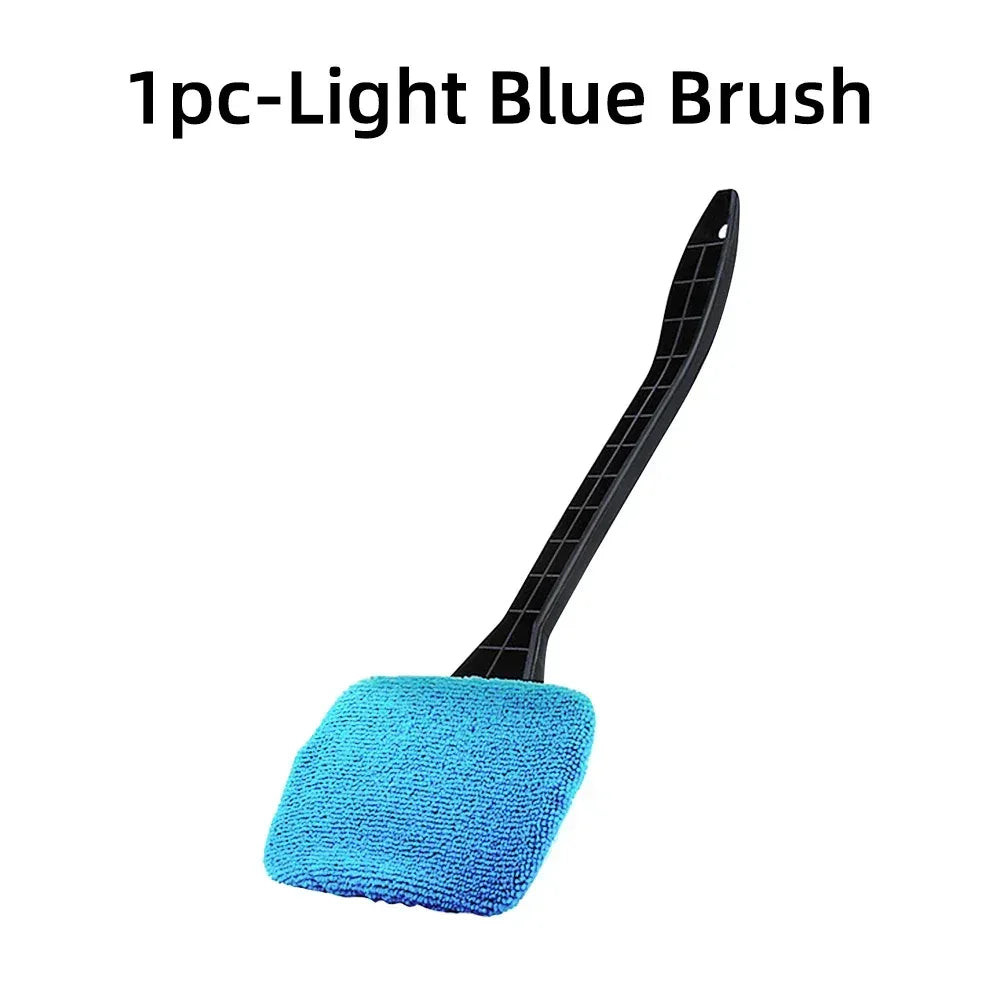 Light blue microfiber brush with long black handle for car window cleaning