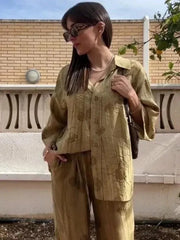 مجموعة نسائية 2024 موضة جديدة ربيع جاكار فضفاض للسيدات قميص صيفي نسائي بنطلون كاجوال أنيق مطبوع مجموعة للنساء
