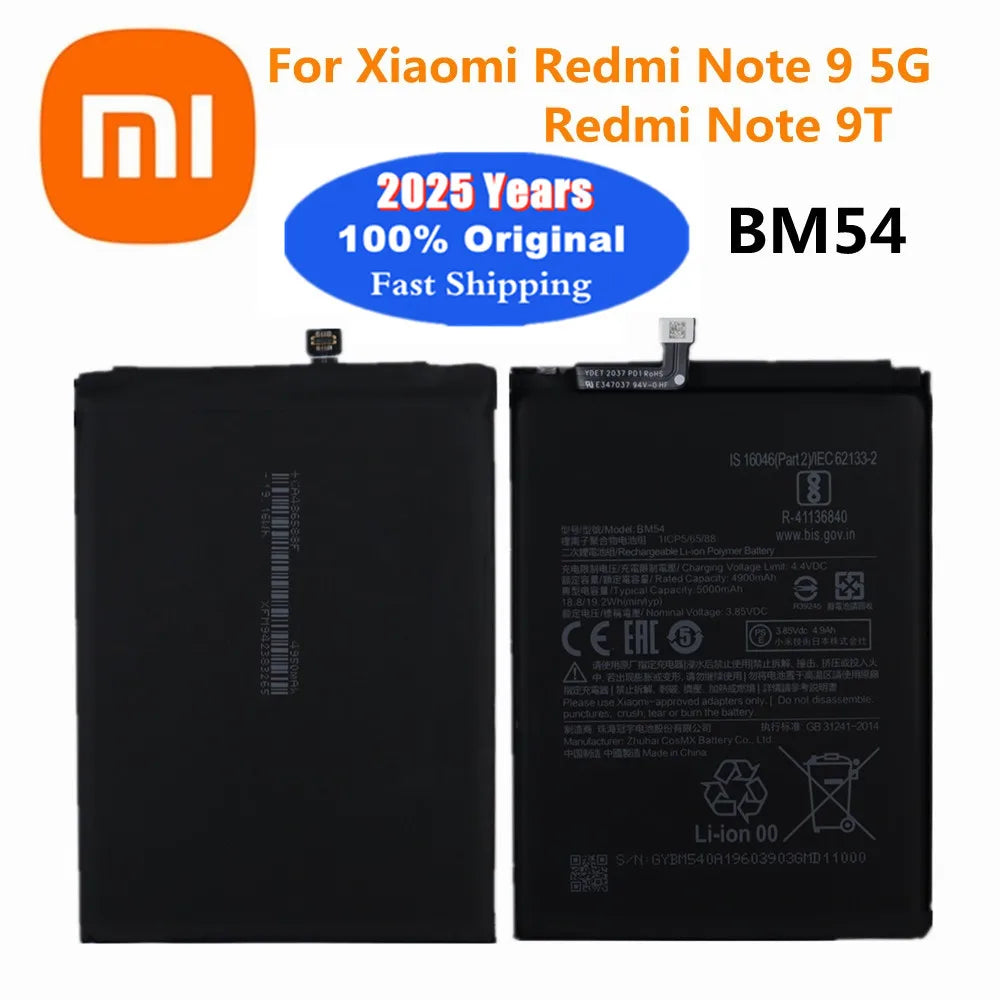 2025 Year 100% Original BM54 Battery For Xiaomi redmi note 9 5G / Note 9T MTK 800U 5000mAh High Qulity Battery Batteries Bateria