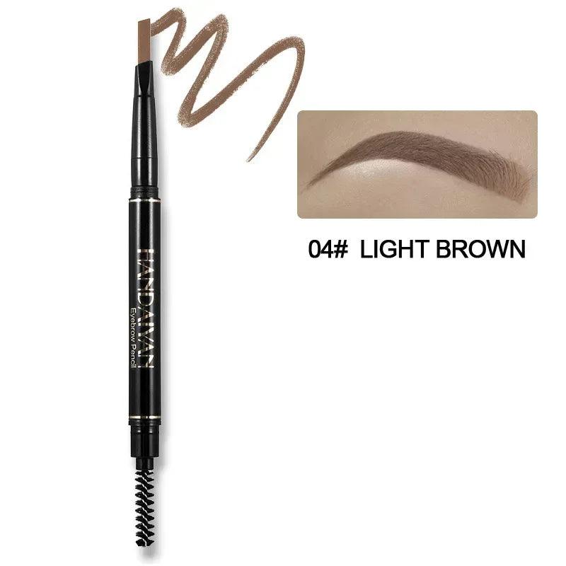 Light brown double-ended eyebrow pencil with spoolie brush and angled tip