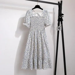 Blue ditsy floral A-line dress with smocked bodice, short puff sleeves, and elastic waist
