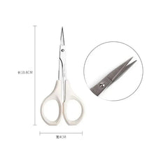 Facial hair scissors with white finger loops and fine pointed blades