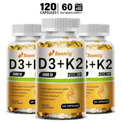 Vitamin D3 5000IU and 200 Mcg Vitamin K2 (MK-7) Capsules for Calcium Absorption, Bone Regeneration, Immune Support, Easy To Melt