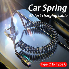 كابل USB Type C 66W Car 5A للشحن السريع من النوع C إلى النوع C كابل تلسكوبي زنبركي لهاتف iPhone 15 Samsung Huawei Xiaomi Redmi OnePlus