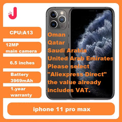 هاتف iPhone 11 pro Max الأصلي بشاشة 6.5 بوصة وذاكرة داخلية 64 جيجابايت وذاكرة وصول عشوائي 256 جيجابايت ومعالج A13 Bionic ونظام تشغيل IOS وشبكة 4G LTE مستعمل ومزود بخاصية التعرف على الوجه وهاتف ذكي من Apple