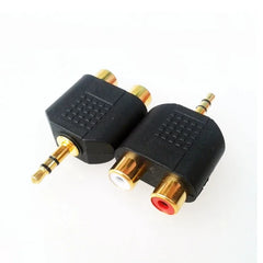 محول مقسم ستيريو مطلي بالذهب مقاس 3.5 مم إلى 2-RCA ذكر إلى أنثى أحمر + أبيض محول RCA مزدوج للتلفزيون