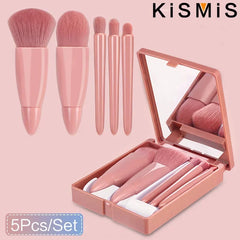 5Pcs Portable Makeup Brush Set with Mirror Box Eyeshadow Blush Brush Travel Cosmetic Brushes