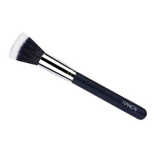Powder brush with dark handle, striped silver ferrule, white bristles