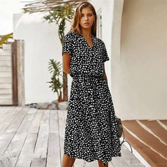 Polka Dot Short Sleeved Dress shirt Collar  Dress European and American Fashion Dress
