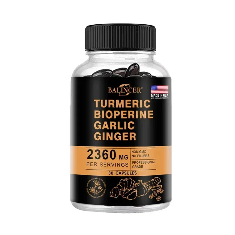 Turmeric bioperine garlic ginger supplement bottle, 2360 mg per serving, 30 caps