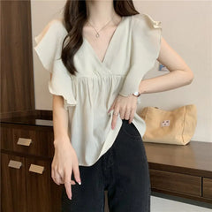 Ele Summer New Sle Women's irt Beautiful Soft Korean Sweet Fly Sve V-ne Top Polyester Fiber Casual Faion