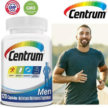 Centrum Men multivitamin bottle with 120 capsules and GMO/GMP badges