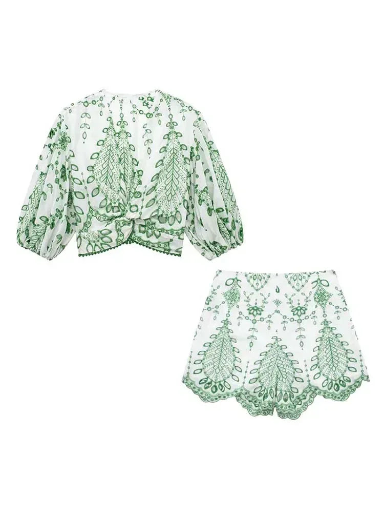 Embroidered blouse and shorts set, white with green floral pattern