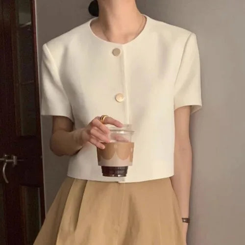 Chic Korean Sle round Ne Metal Single Button Loose ort Sve Outerwear for Women Summer Faion Commute Pure Color