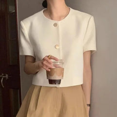 Chic Korean Sle round Ne Metal Single Button Loose ort Sve Outerwear for Women Summer Faion Commute Pure Color
