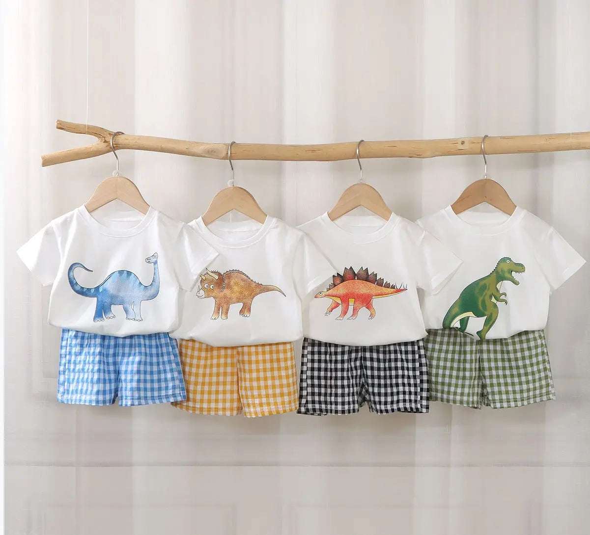 2Pcs Baby Clothes Set Newborn Boys Casual Dinosaur Print Short Sleeved T-shirt+plaid Shorts Toddler Girl Summer Kids Outfit Set