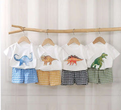 2Pcs Baby Clothes Set Newborn Boys Casual Dinosaur Print Short Sleeved T-shirt+plaid Shorts Toddler Girl Summer Kids Outfit Set
