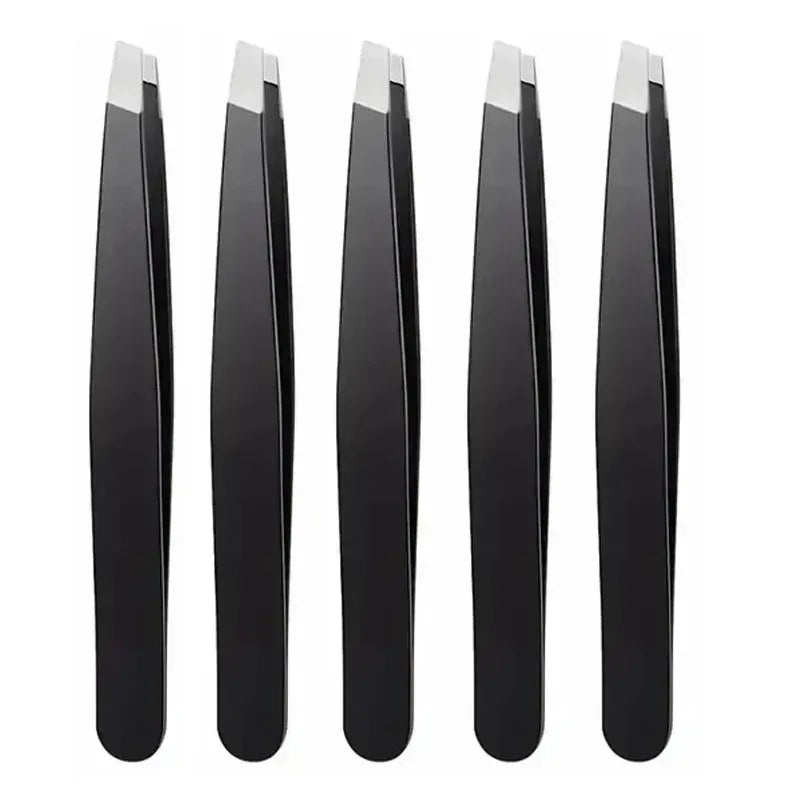 Black stainless steel slant-point eyebrow tweezers with silver tips