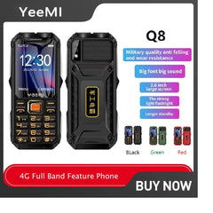 هاتف YeeMI Q8 4G المتين المقاوم للماء ذو النطاق الكامل وشاشة 2.6 بوصة عالية الدقة وزر SOS ومكبر صوت كبير وإضاءة LED وبطارية 16800 مللي أمبير في الساعة