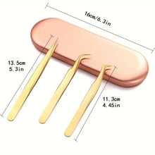 Golden lash tweezers set of three with rose-pink case, showing tool lengths