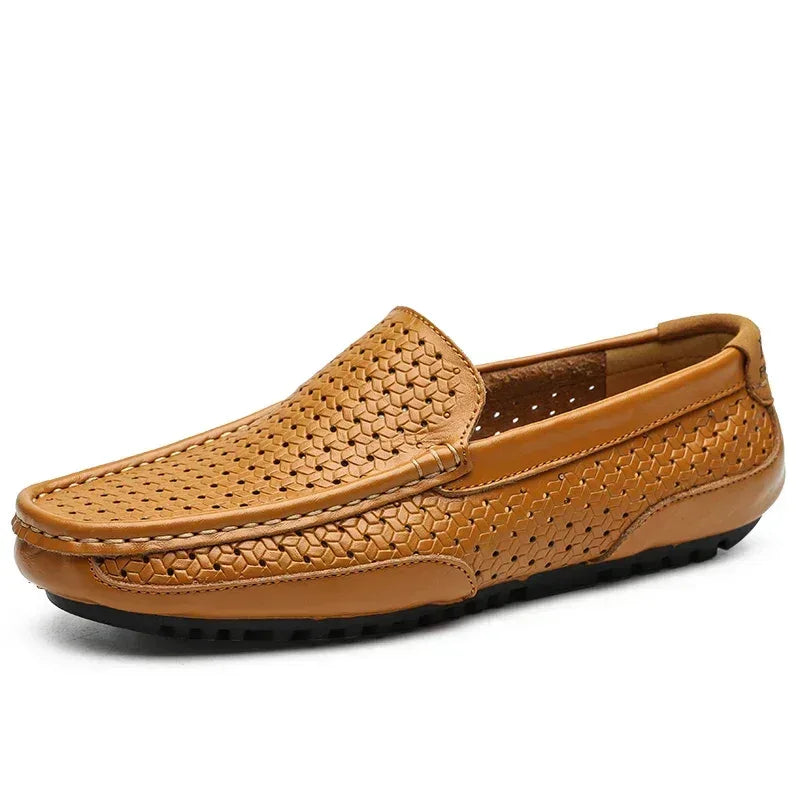 Men's tan woven slip-on loafer with moc toe and textured side detail
