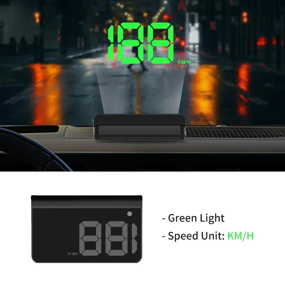 Car HUD speedometer projector with green KM/H digits display, front black unit
